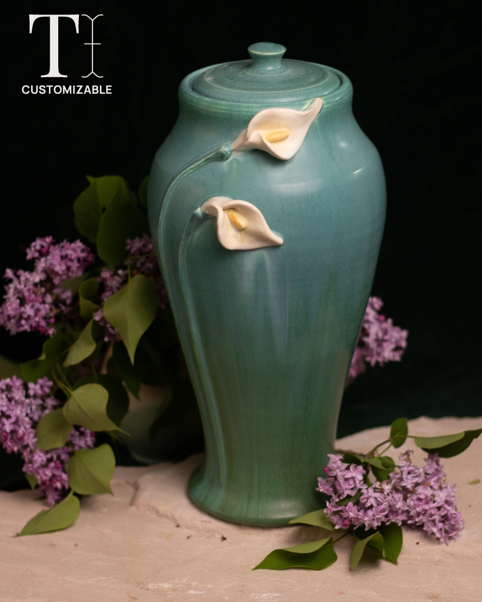 Calla Lily Large Lidded Urn in Seaspray Blue - Ephraim Pottery